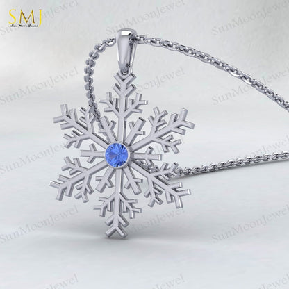 925 Silver Blue Tanzanite Snowflake Necklace Winter Snowy Day Gift Sparkly