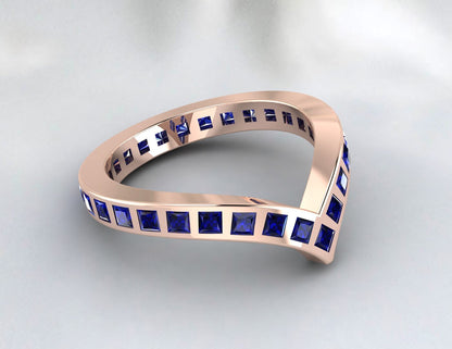 Princess Cut Blue Sapphire Wedding Band Fine Silver Lab Created Curved Band