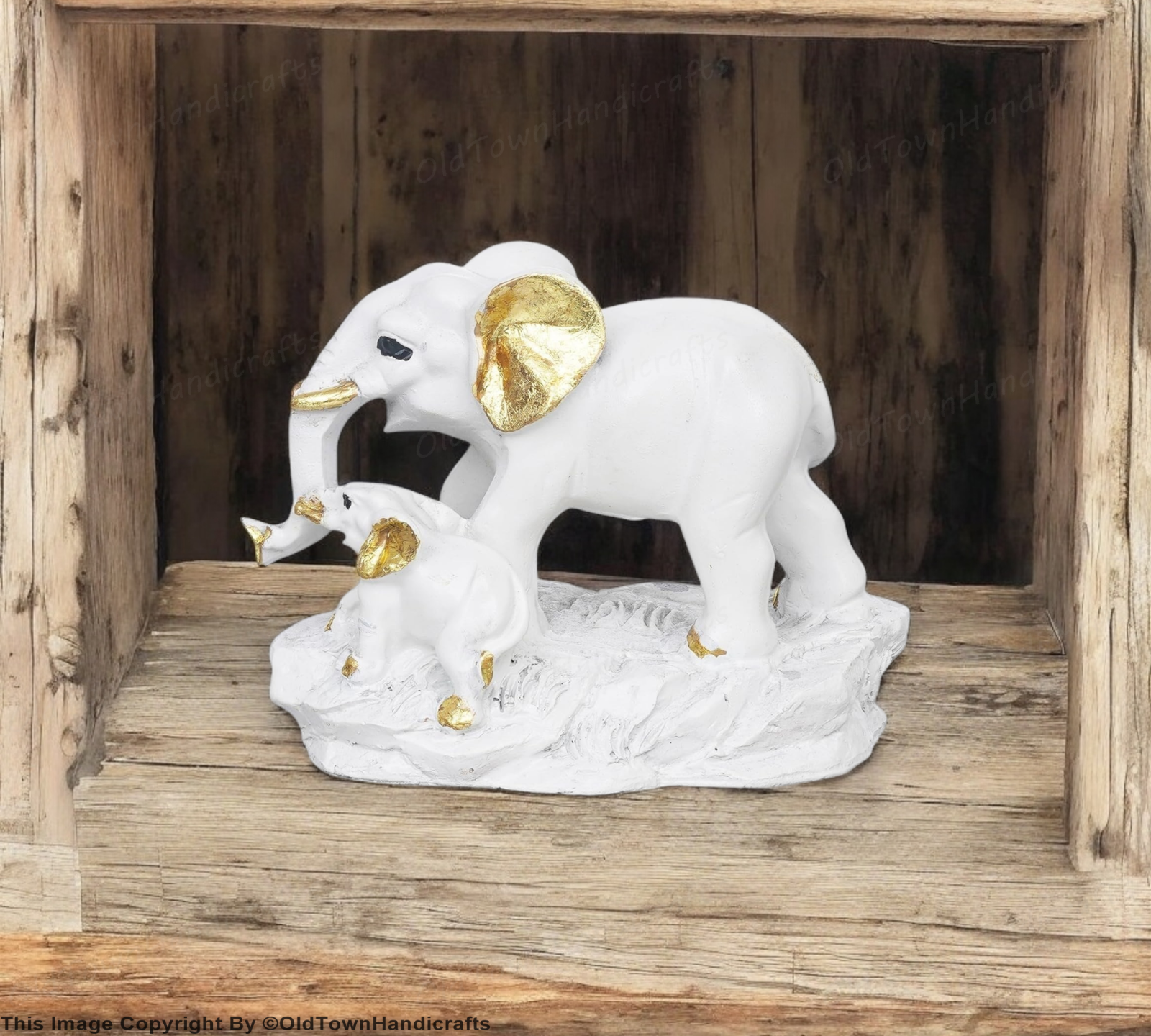 White & Golden Elephant with Baby Statue Decorative Showpiece for Home Office