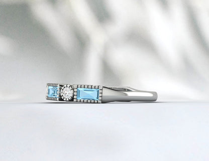 Natural Baguette Blue Aquamarine & Cubic Zirconia Half Eternity Fine Silver Band