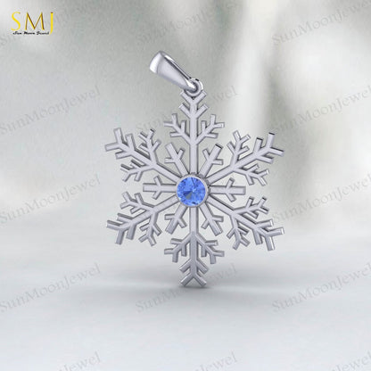 925 Silver Blue Tanzanite Snowflake Necklace Winter Snowy Day Gift Sparkly