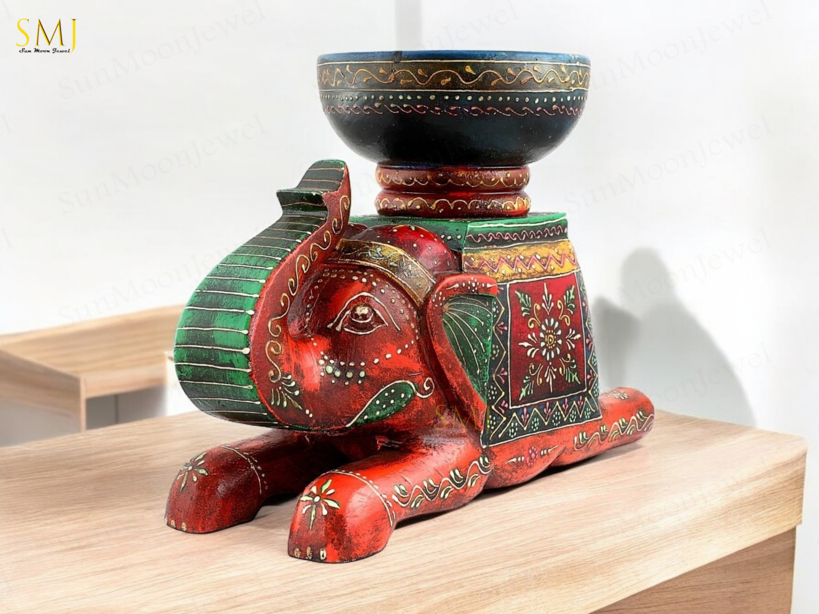 Wooden Painted Sitting Elephant Bowl Decorative Home & Gift Item Elephant Bowl