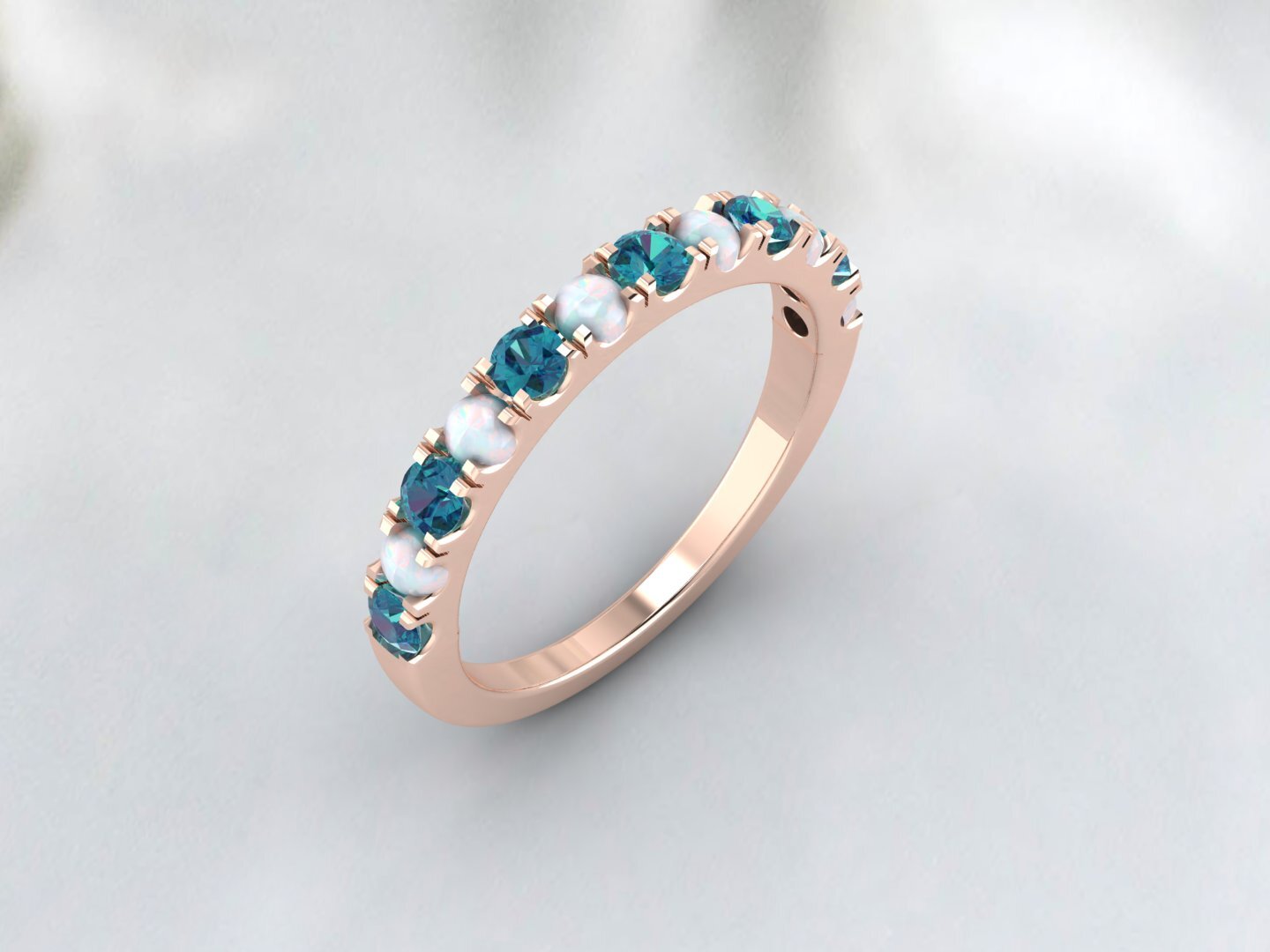 Natural Round Opal And London Blue Topaz Half Eternity Band Fine Silver Band