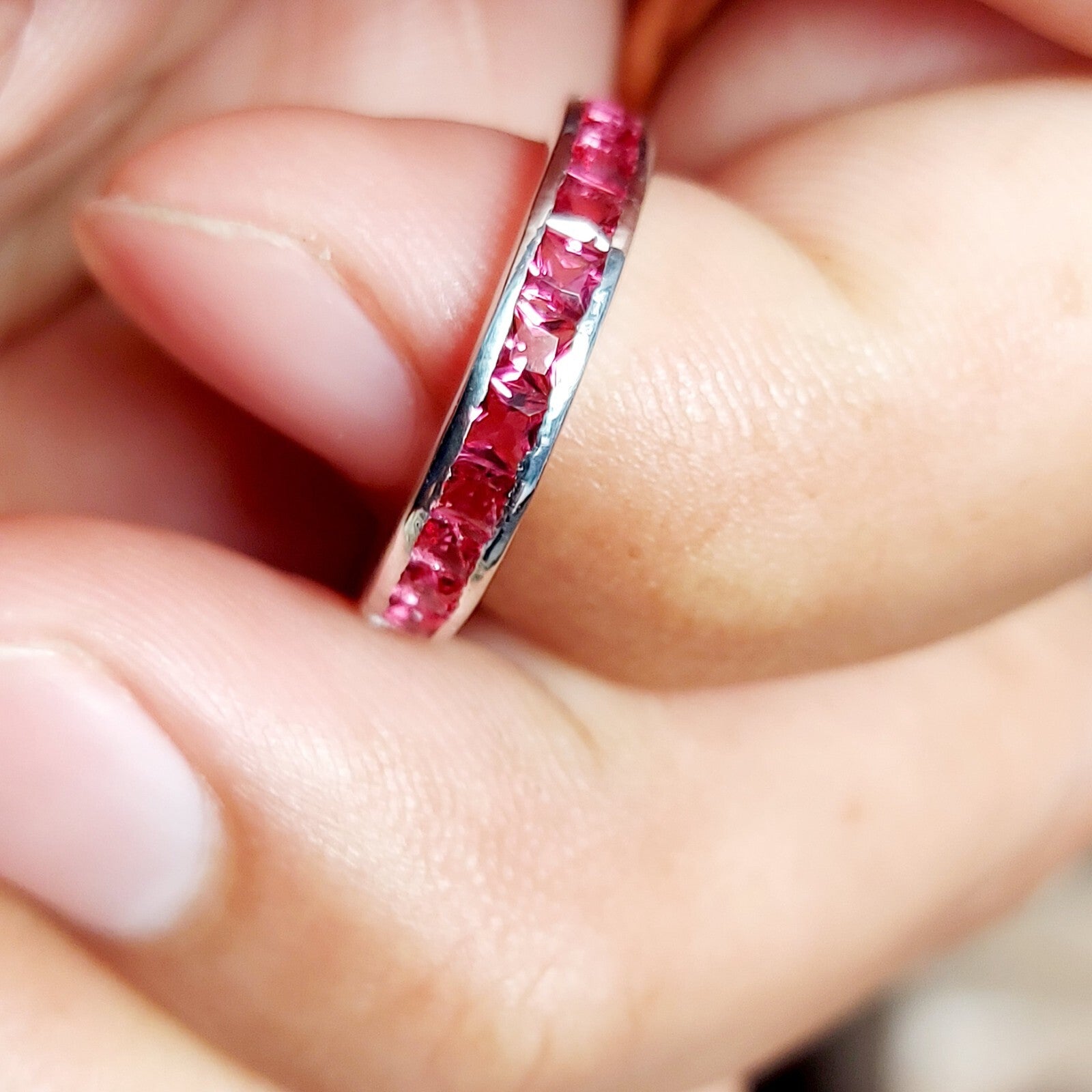 Pink Tourmaline Eternity Band Princess Cut 925 Silver Gift Ring US5~15 Elegant