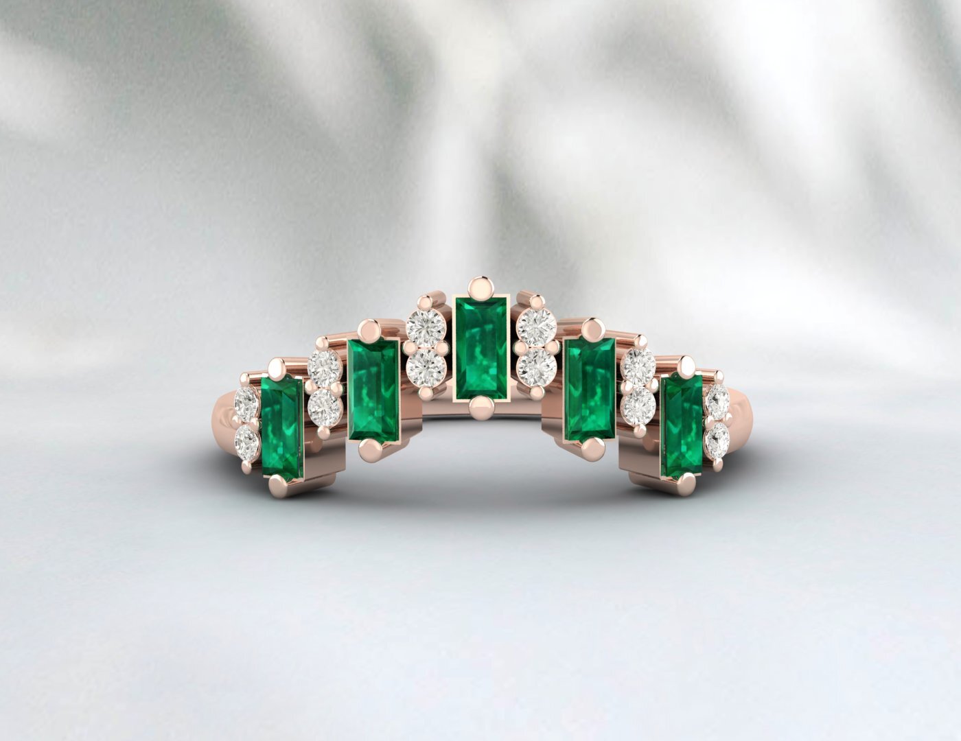 Baguette Green Emerald Crown Wedding Band Fine Silver Daimond Lab Created Band