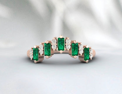Baguette Green Emerald Crown Wedding Band Fine Silver Daimond Lab Created Band
