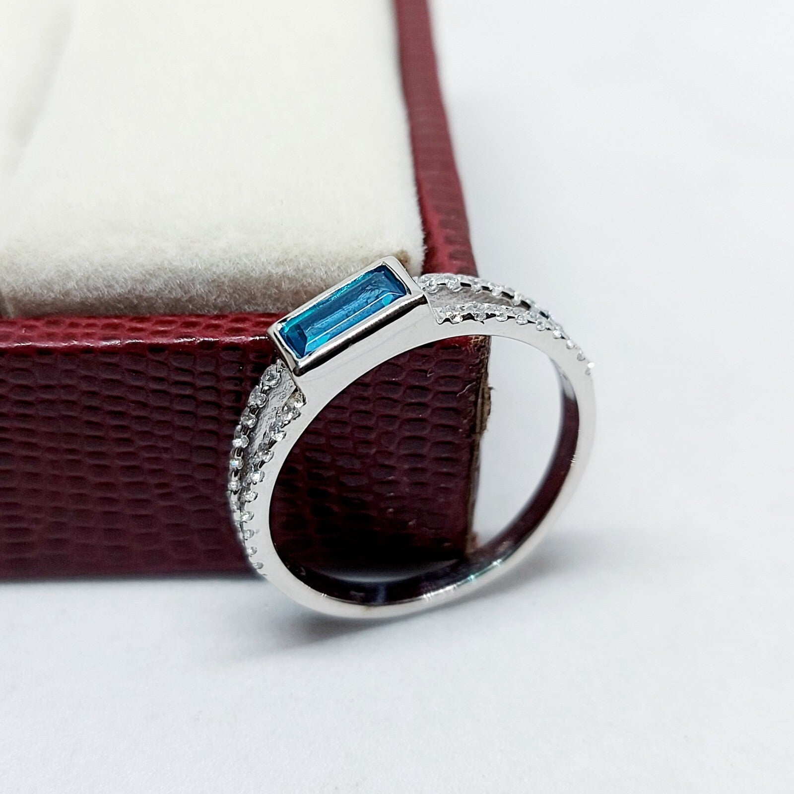 Silver Blue Tourmaline Baguette Shape Ring Women Birthstone Gift Ring Us5~ 15