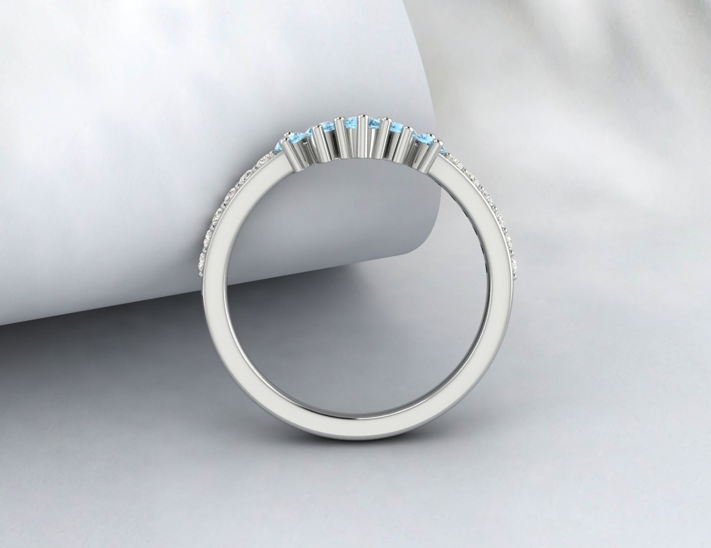 Natural Blue Aquamarine Curved Wedding Band Half Eternity Fine Silver 5 Gemstone