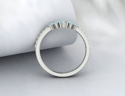 Natural Blue Aquamarine Curved Wedding Band Half Eternity Fine Silver 5 Gemstone