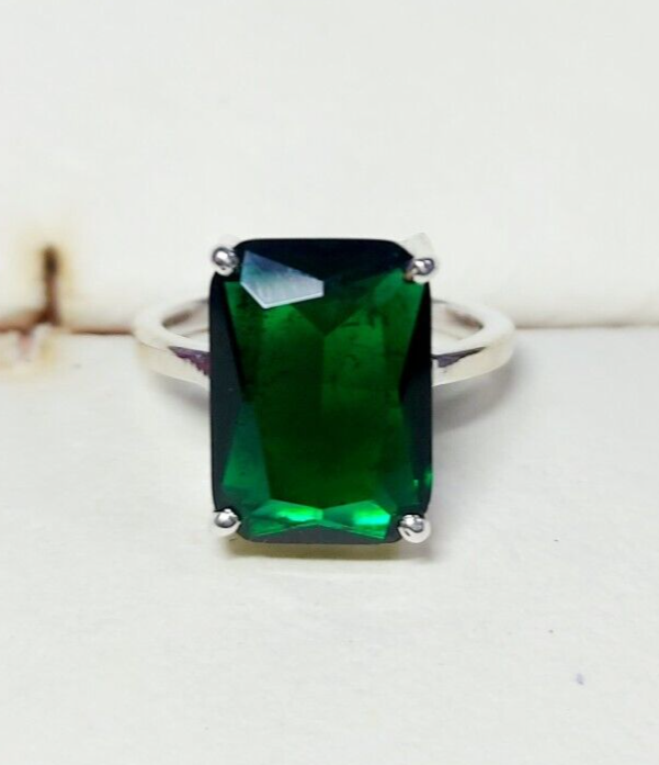 Natural Emerald Cut Green Emerald Wedding Engagement Ring Silver Band US5 ~15