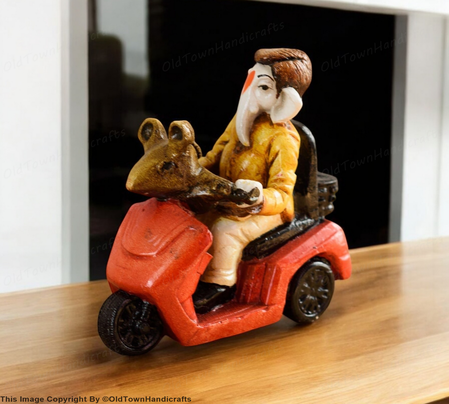 Polyresin Lord Ganesha Riding Scooter Statue Decorative Showpiece for Home Car