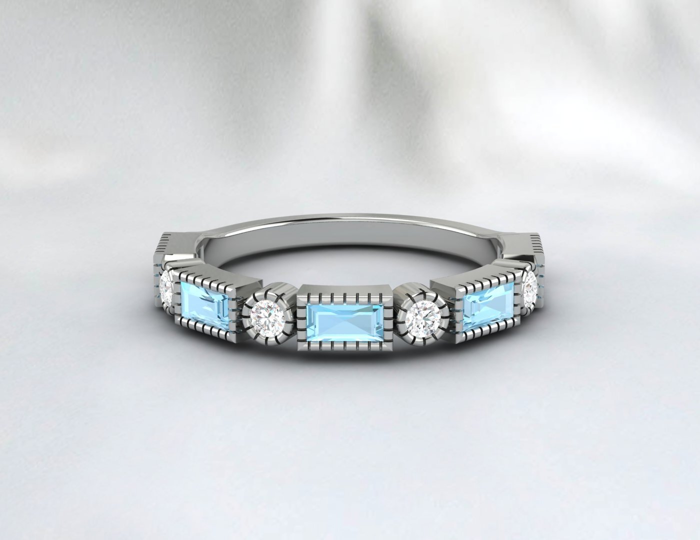 Natural Baguette Blue Aquamarine & Cubic Zirconia Half Eternity Fine Silver Band