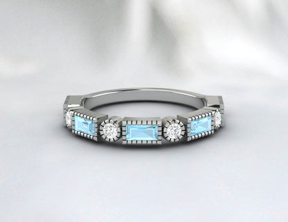 Natural Baguette Blue Aquamarine & Cubic Zirconia Half Eternity Fine Silver Band