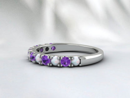 Natural Round Opal And Amethyst Half Eternity Band Fine Silver Wedding Band