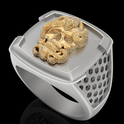 Brass Vintage Punk Snake Skull Ring Biker Hip Hop Style Men Skull Ring US5 ~15