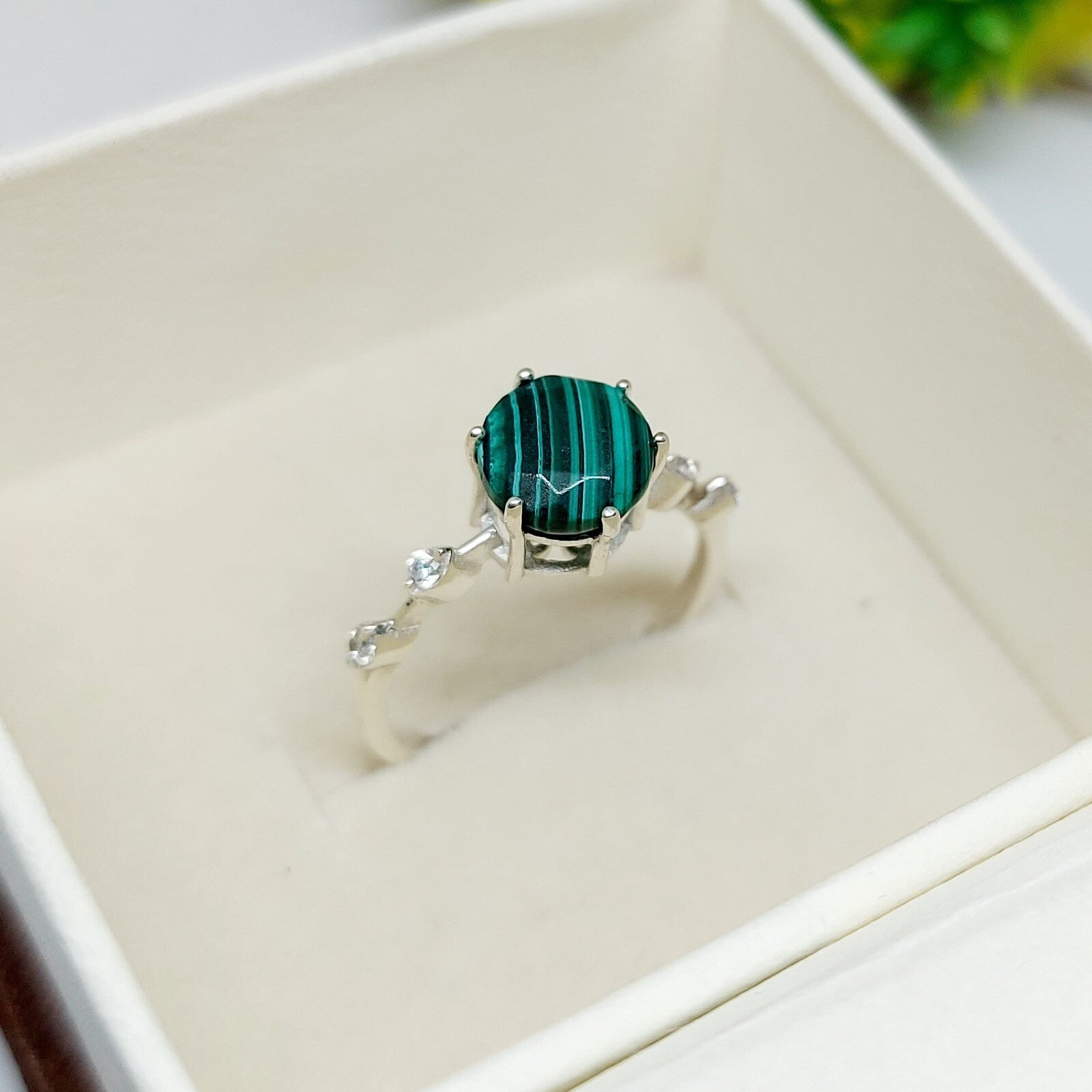 Natural Hexagon Malachite Ring 925 Sterling Silver Engagement Women's Jewelry
