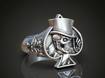 925 Silver Lucky Ace Spade Skull Hat Ring Casino Gothic Biker Poker Style US5~15