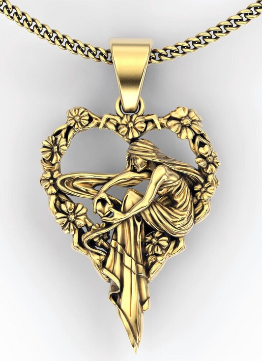 Women Heart Flower Brass Pendant Charm Necklace Viking Goddess Jewelry Gift Wife