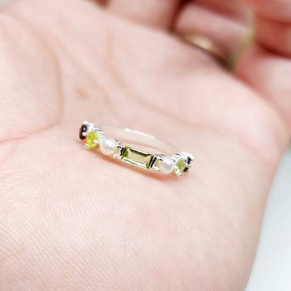 Natural Peridot 925 Silver Baguette Cut Ring Minimalist Green Stone Band US5~15