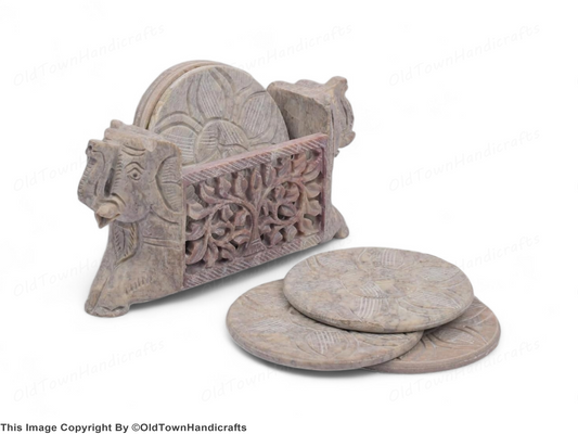 Set of 6 Hand Carved Elephant Soapstone Coasters with Holder Dining Party Gift