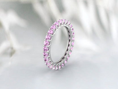 Natural Round Pink Sapphire Band Eternity Stacking Promise Fine Silver Band