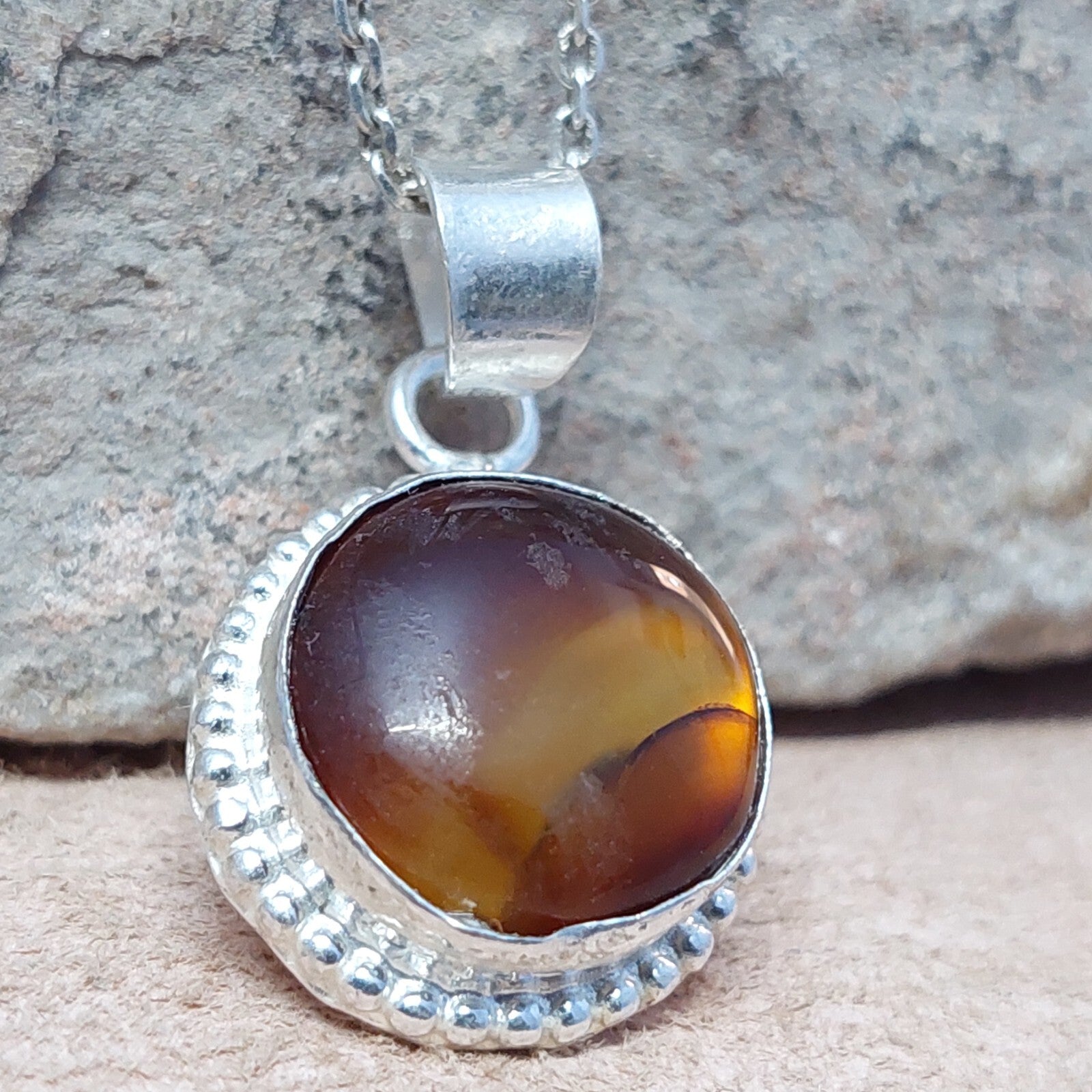 925 Sterling Silver Round Shape Brown Agate Pendant Only Pendant For Women