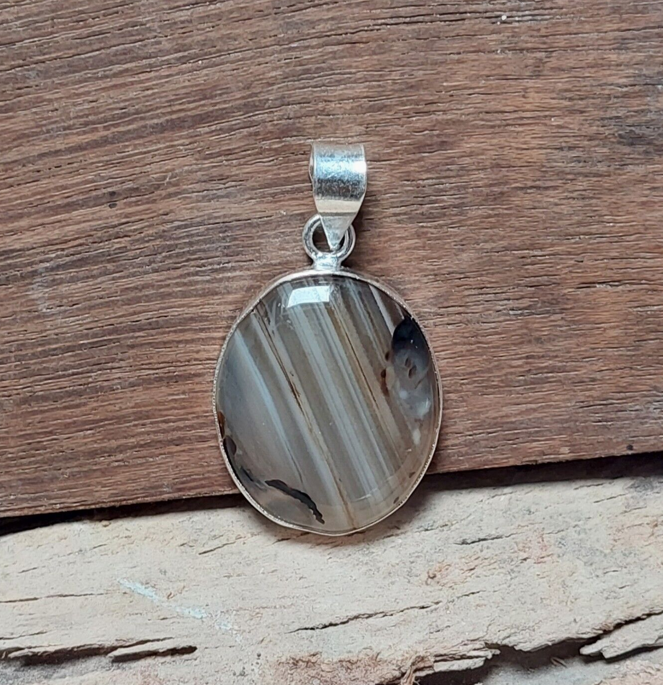 Oval Brown Banded Agate Gemstone 925 Sterling Silver Handmade Pendant Necklaces