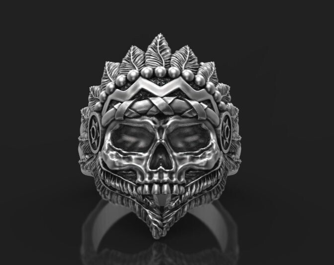 Silver Skull Indian Tribal Chief Ring US5-15 Handmade Statement Skull Ring Men