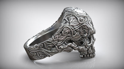 925 Sterling Silver Skull Head Sea Wave Ring US7~13 Oxidized Biker Rider Ring