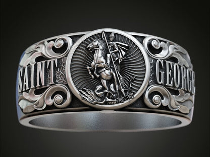 925 Silver St George Warrior Dragon Signet Ring Religious Men Women Ring US5-15