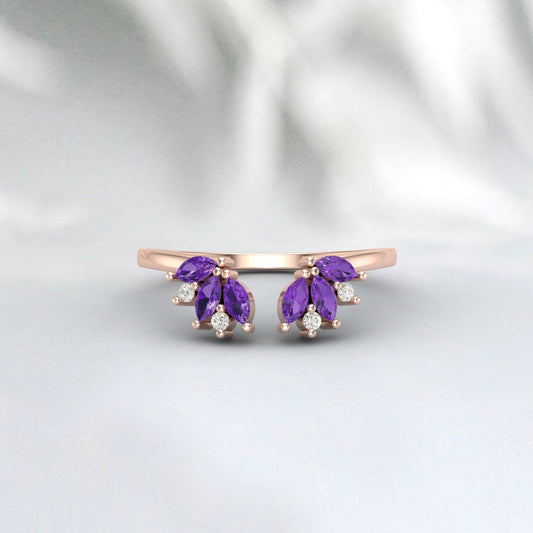 Natural Amethyst And Cz Diamond Wedding Band 925 Sterling Silver Matching Band