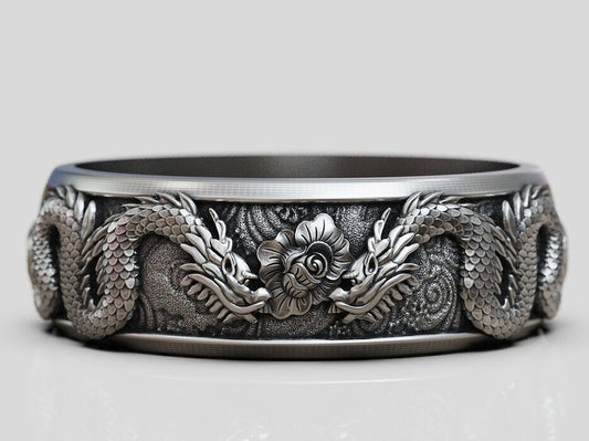 Silver Men's Ring Dragon Spinner Wedding Band Dragon Flower Women Ring US5~15