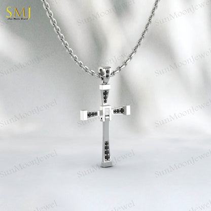 925 Silver Natural Black Onyx Cross Necklace Religious Charm Pray Rosary Pendant