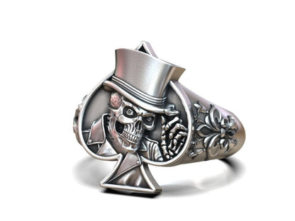 925 Silver Lucky Ace Spade Skull Hat Ring Casino Gothic Biker Poker Style US5~15