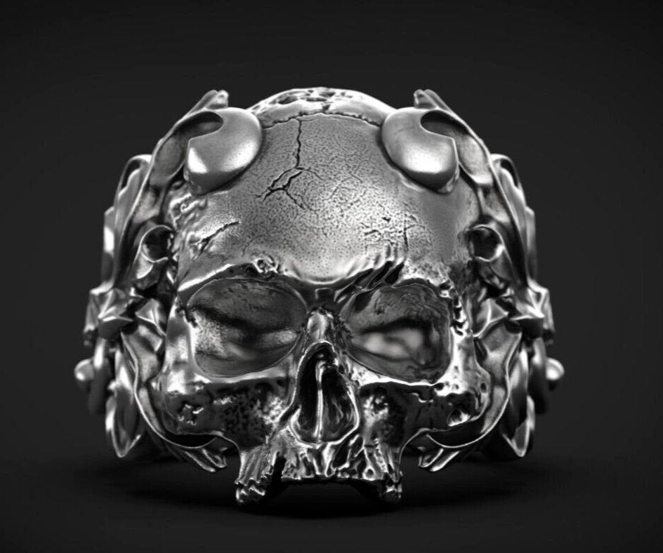 Vintage 925 Silver Skull Ring Bold Unique Handmade Biker Jewelry Ring US5~15
