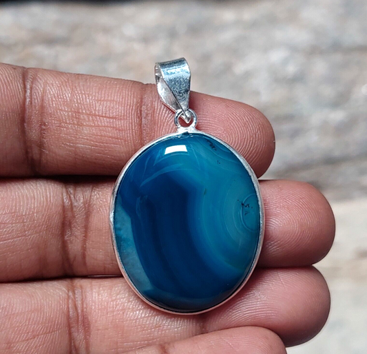 Amazing Blue Banded Agate Gemstone Pendant,925 Sterling Silver Pendant For Girls