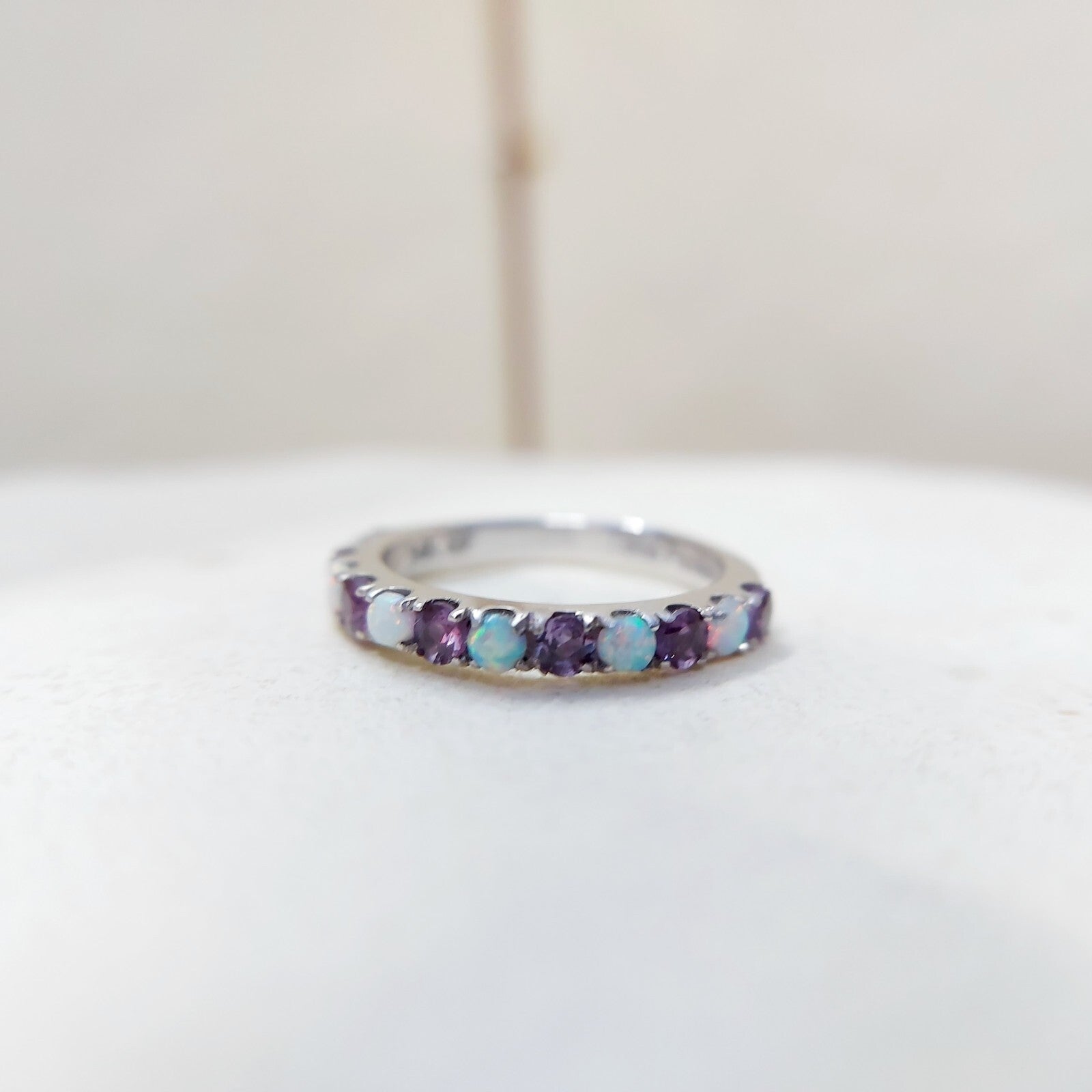 Fire Opal Amethyst Ring Genuine Silver Half Eternity Band Handmade Women US5~15