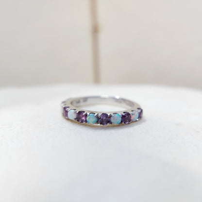 Fire Opal Amethyst Ring Genuine Silver Half Eternity Band Handmade Women US5~15