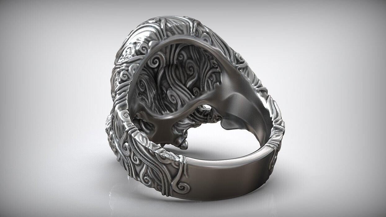 925 Sterling Silver Skull Head Sea Wave Ring US7~13 Oxidized Biker Rider Ring