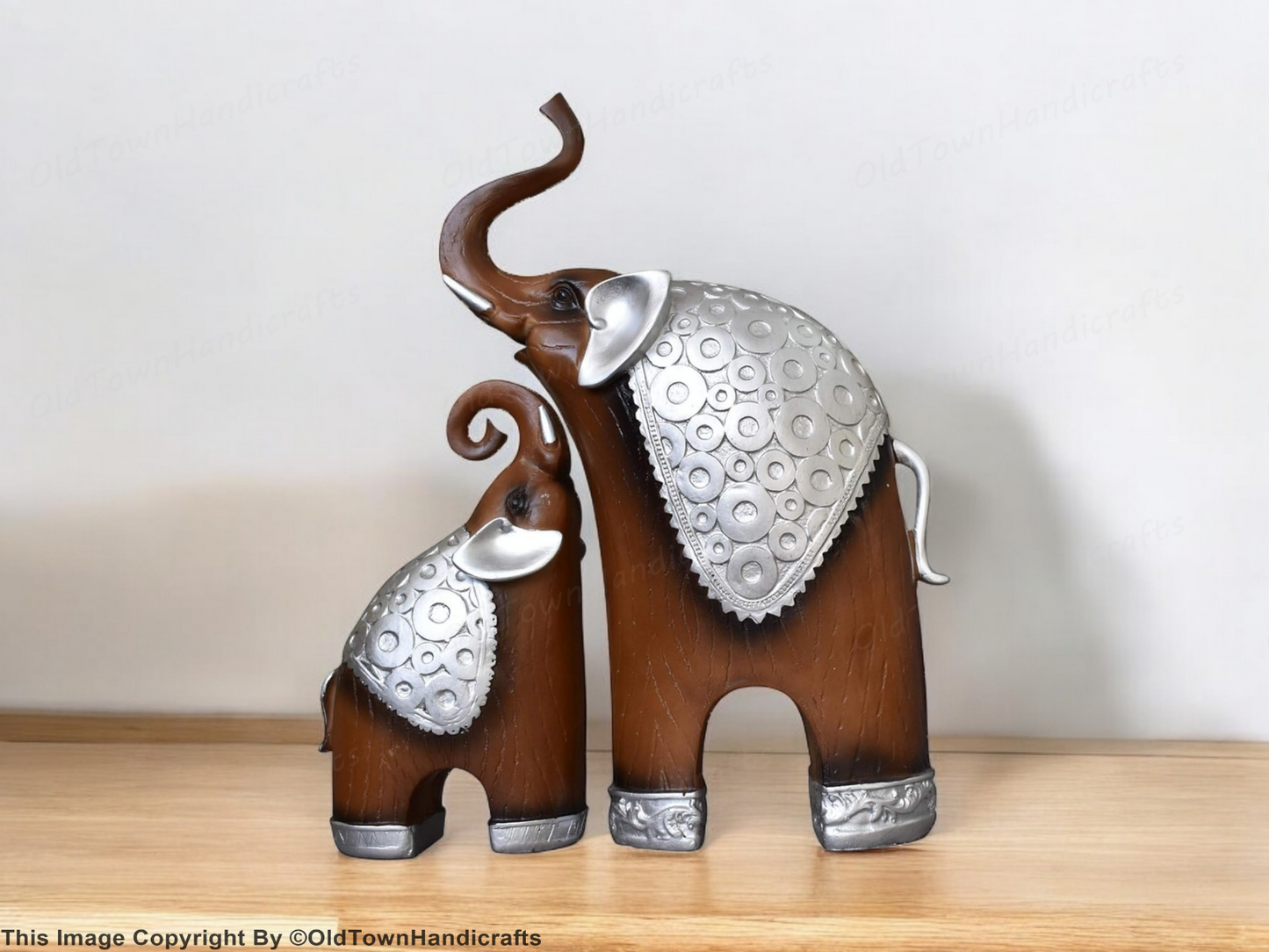 Thai Style Elephant Figurines Mother Child Feng Shui Set Resin Home Decor Brown