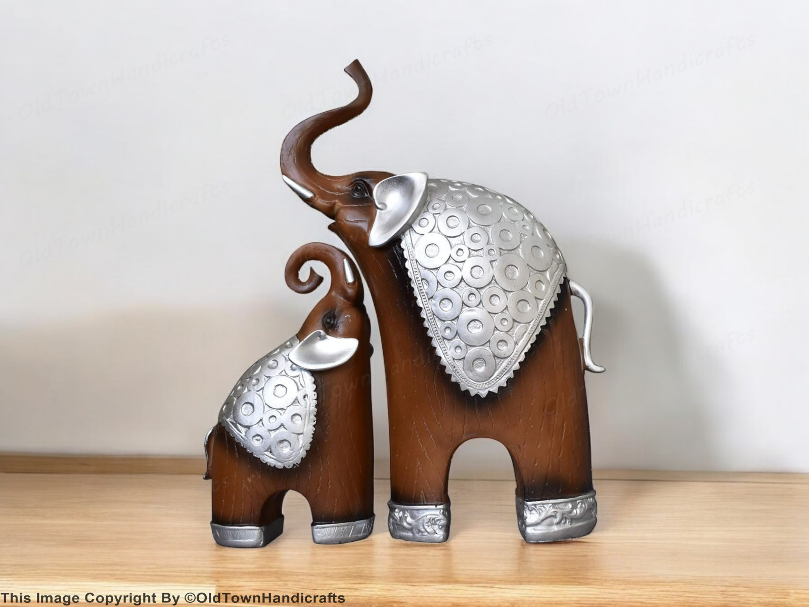 Thai Style Elephant Figurines Mother Child Feng Shui Set Resin Home Decor Brown