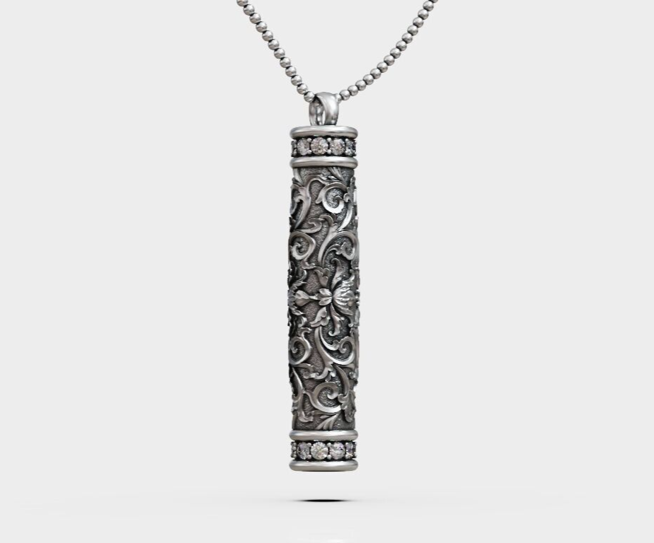 Silver Tube Floral Pattern Pendant Antique Flower Bottle Shape Necklace Gift