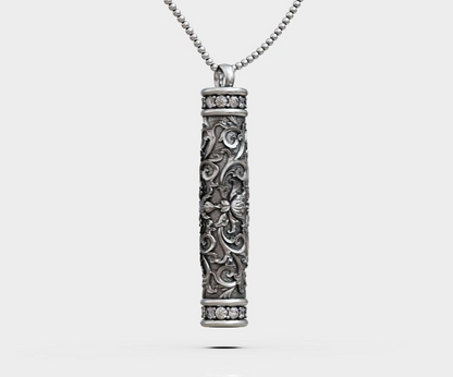 Silver Tube Floral Pattern Pendant Antique Flower Bottle Shape Necklace Gift