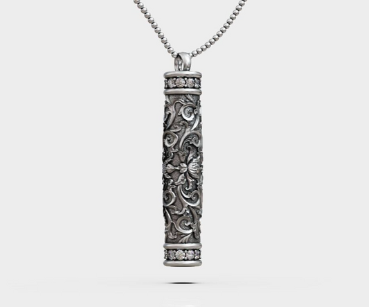 Silver Tube Floral Pattern Pendant Antique Flower Bottle Shape Necklace Gift