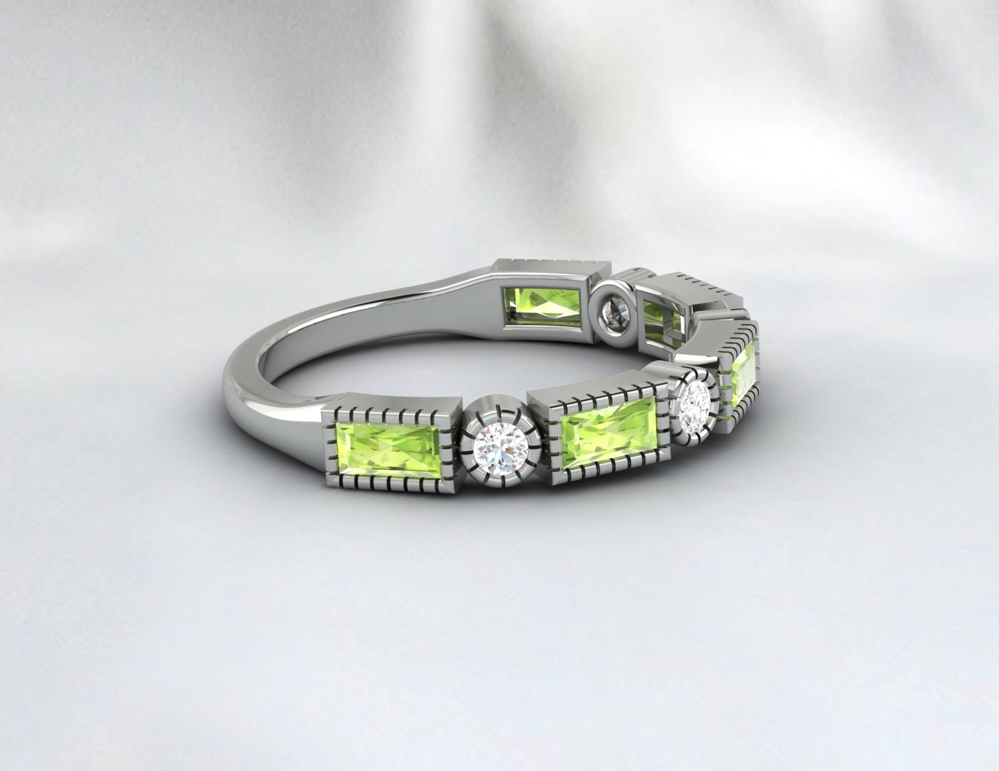 Natural Baguette Cut Peridot & Cubic Zirconia Half Eternity Fine Silver Band