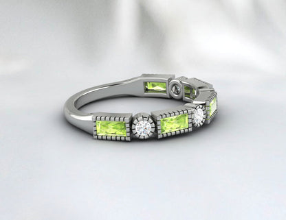 Natural Baguette Cut Peridot & Cubic Zirconia Half Eternity Fine Silver Band