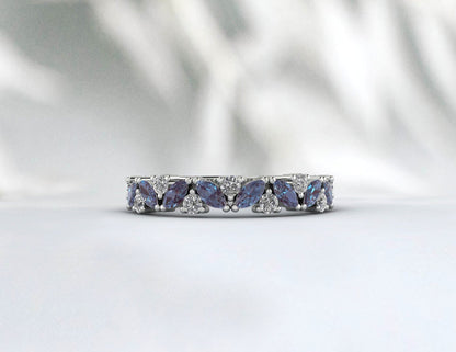 Natural Marquise Alexandrite Wedding Band Half Eternity 925 Silver Birthstone
