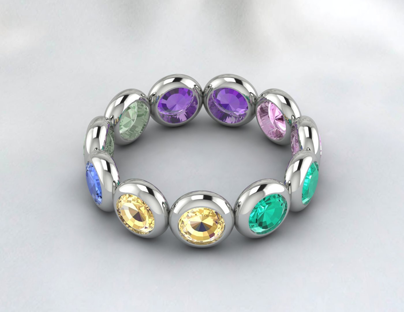 Natural Round Multi Gemstone Wedding Band Fine Silver Bezal Set Eternity Band