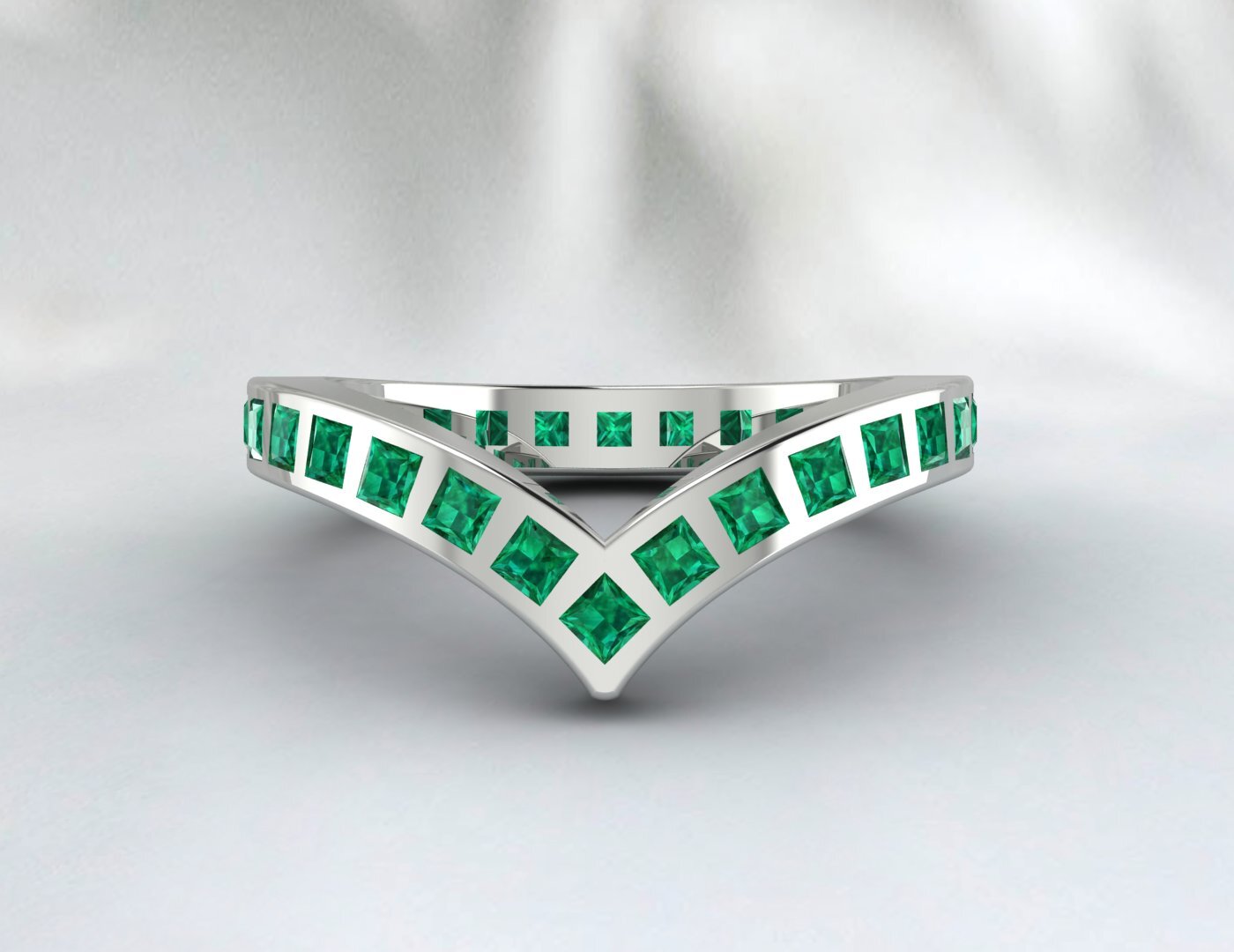 Princess Cut Emerald Green Wedding Band Fine Silver Lab Created Curved Band