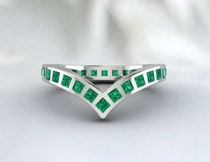 Princess Cut Emerald Green Wedding Band Fine Silver Lab Created Curved Band